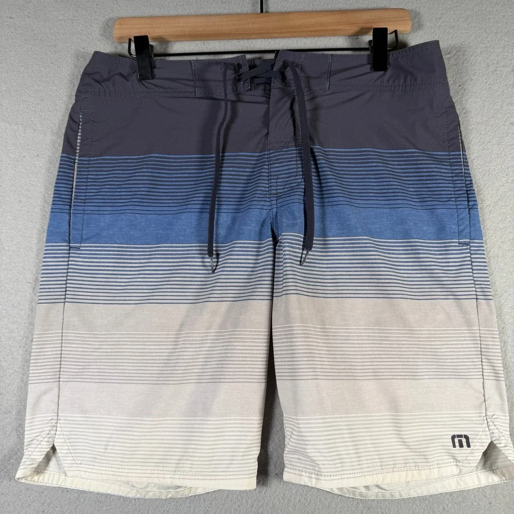 TravisMathew Mens Striped Board Shorts Blue Grey Cream Size 32 9 Inch Inseam